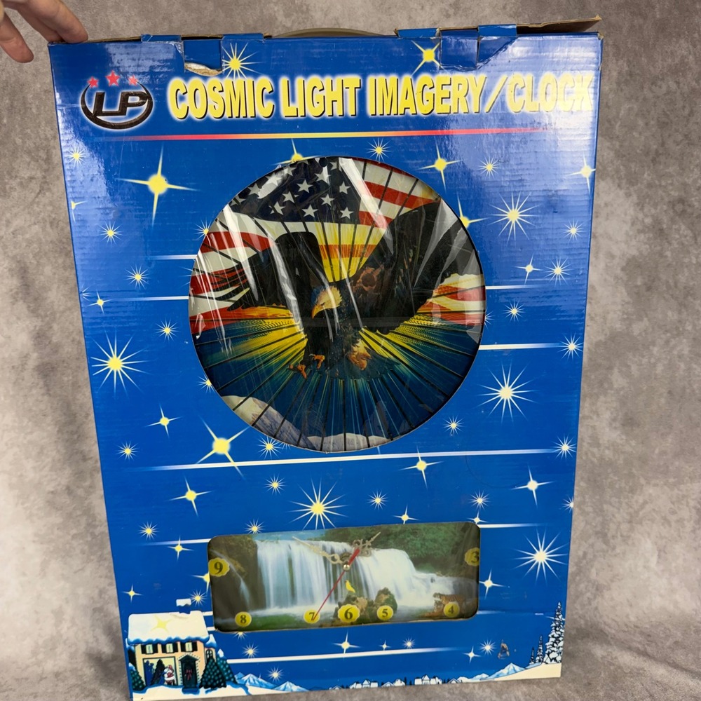 Vtg Cosmic Light Imagery Wall Clock American Eagle Flag Animated Waterfall NIB